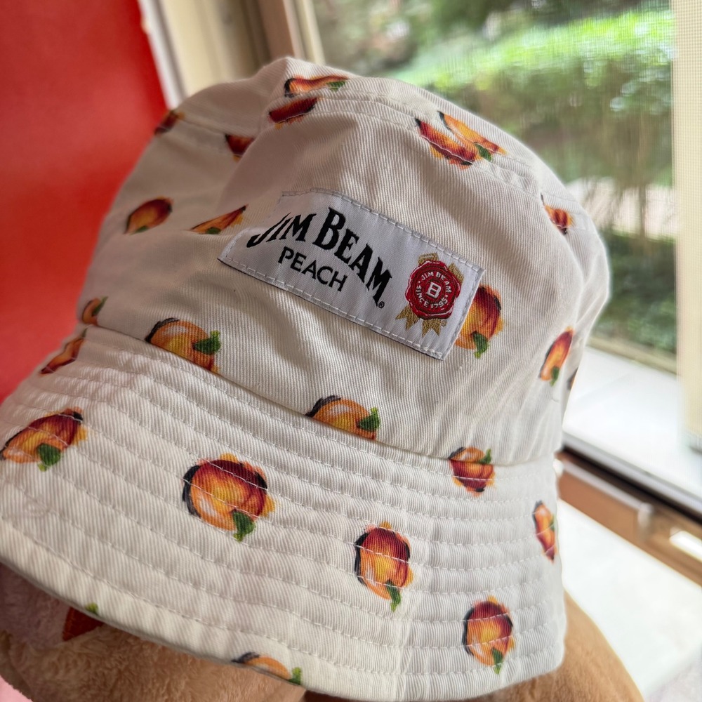 Jim Beam Peach Bucket Hat White Cotton All Over Fruit Print Sun Hat Mens Womens